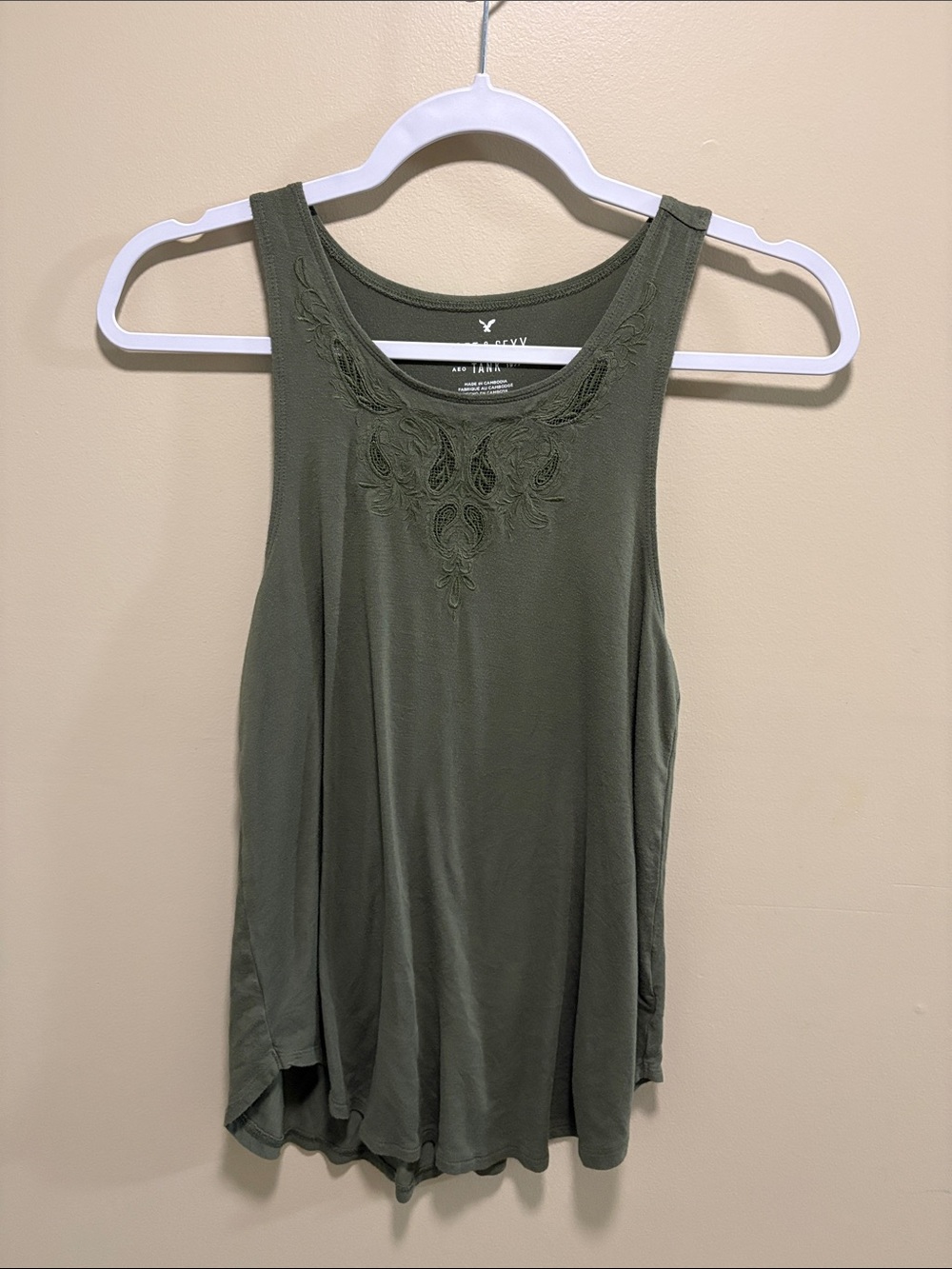 American Eagle Outfitters Olive Green Embroidered Scoop Neck Tank